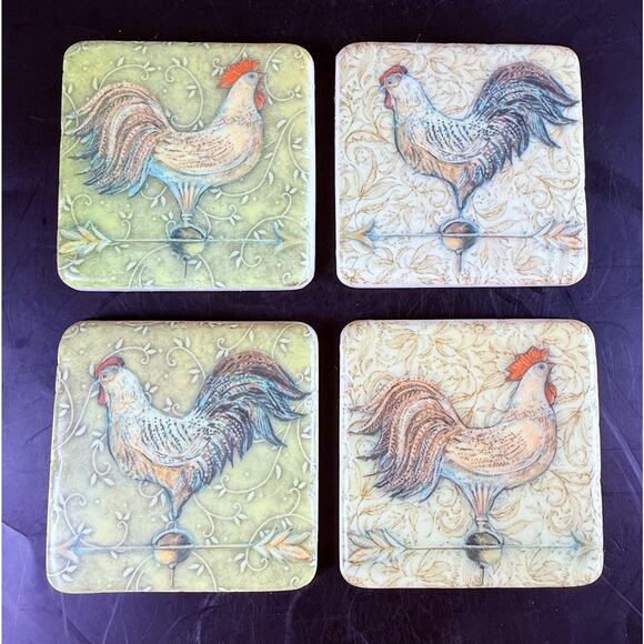 French Country Rooster Coasters Stone Set of 4 Cork Back Farmhouse Kitchen - Picture 1 of 8